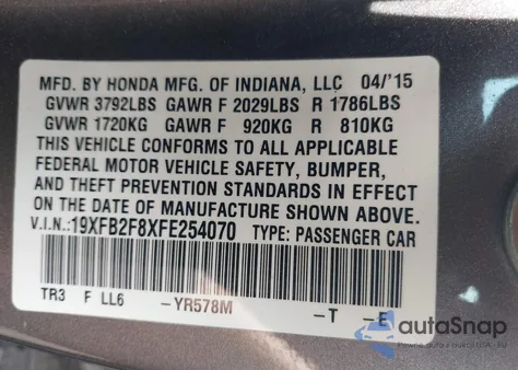 2015 Honda Civic Ex из США, поврежденный, VIN 19XFB2F8XFE254070